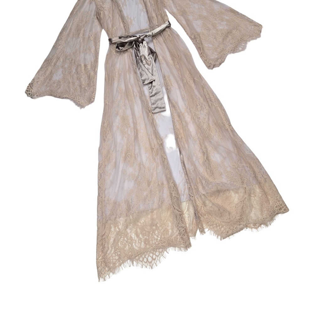 Coquette Pastel Pink Floral Lace Longline Robe Bell Sleeve Satin Belt 1920s - Picture 6 of 7